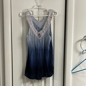 Blue and White Sleeveless Dress with Embroidered Neckline